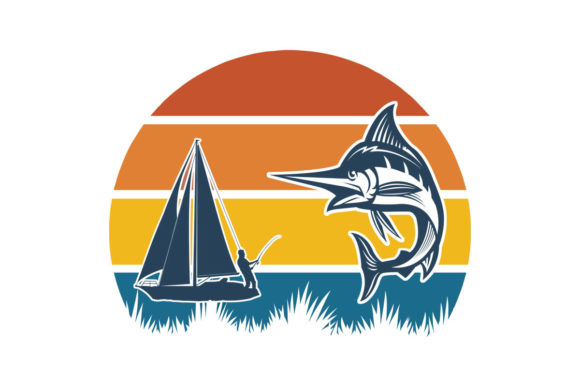 Marlin Fishing Sailboat Retro Sunset